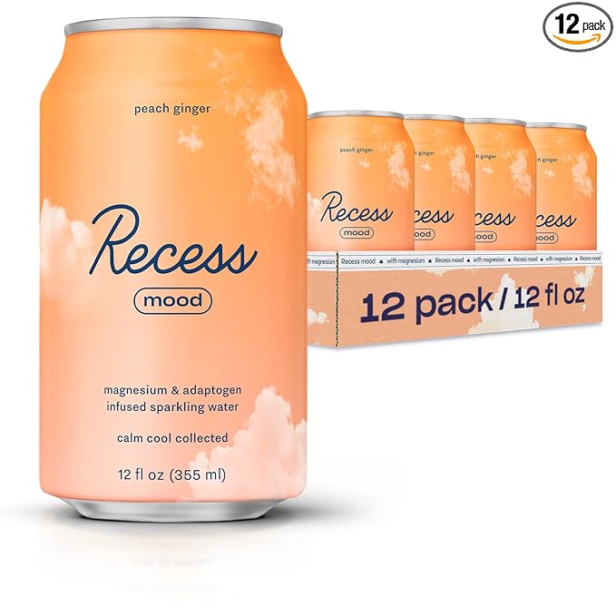Recess Mood Magnesium & Adaptogen Drink, Relaxation Beverage, 12 ounce (Peach Ginger, 12 pack)