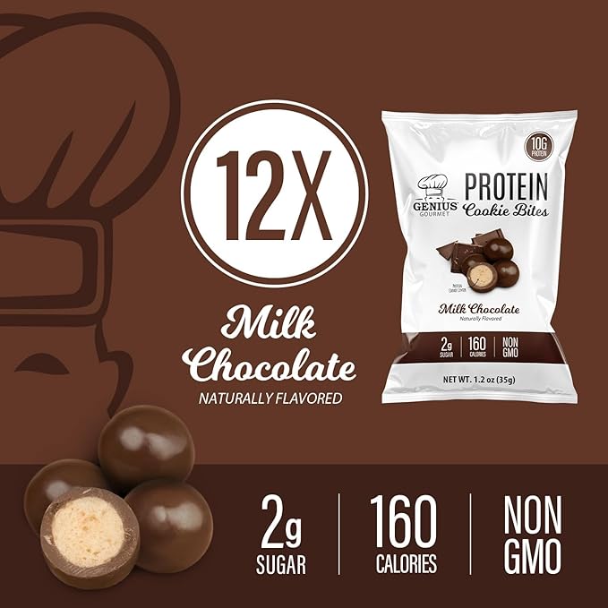 Genius Gourmet Protein Cookie Bites Milk Chocolate - 10g Protein, No Added Sugar, Low Carb, Non-GMO - Sweet Protein Desserts & Protein Snacks for Adults and Kids - 12 Bags