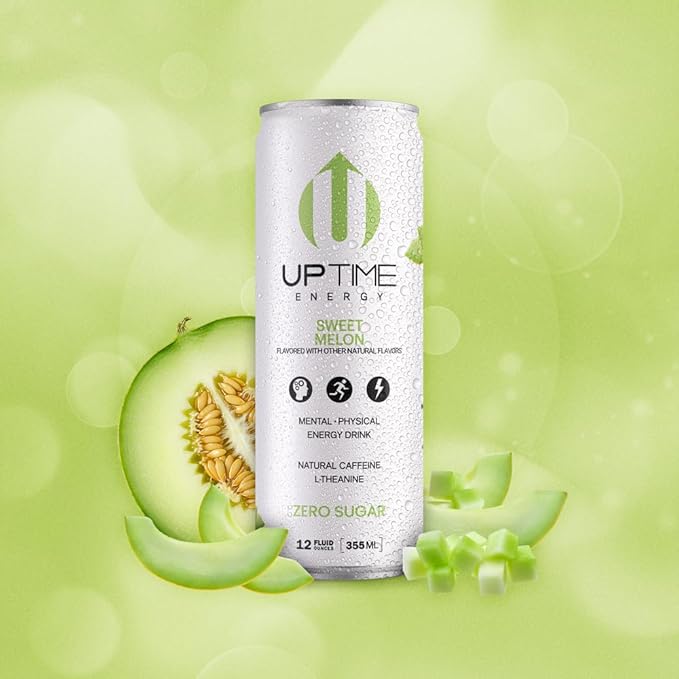 UPTIME Energy Drink, Sweet Summer Melon Sparkling, 12 Pack, Vitamin C, L Theanine, Calcium, Sugar Free Energy Drinks for Focus Support, 142mg of Natural Caffeine, 5 Calories, Natural, 12 fl oz Cans