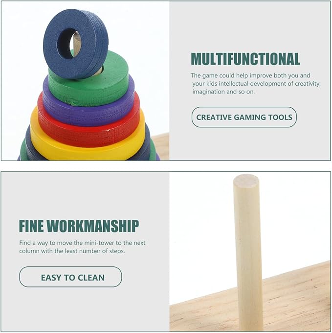 Colorful Wooden Tower of Hanoi Puzzle Game for Adults - Intellectual Brain Teaser, Home Decor, DIY Party Playing, 7.48 X 2.36 X 2.87 Inches