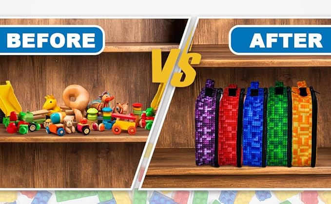 5 PCS Toys Storage Bags for kids,Travel Organizer Pouch Case for Lego Bricks, Puzzles, Building Blocks,Waterproof Colorful Print Design with Handle (Half-Transparent)