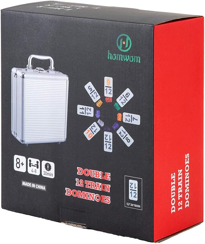 Mexican Train Dominoes with Numbers Double 12 Colored Numerical Dominoes Mexican Train Game Set 91 Tiles Dominoes with 9 Trains, Scoreboard, Octagon Shape Hub and Aluminum Case