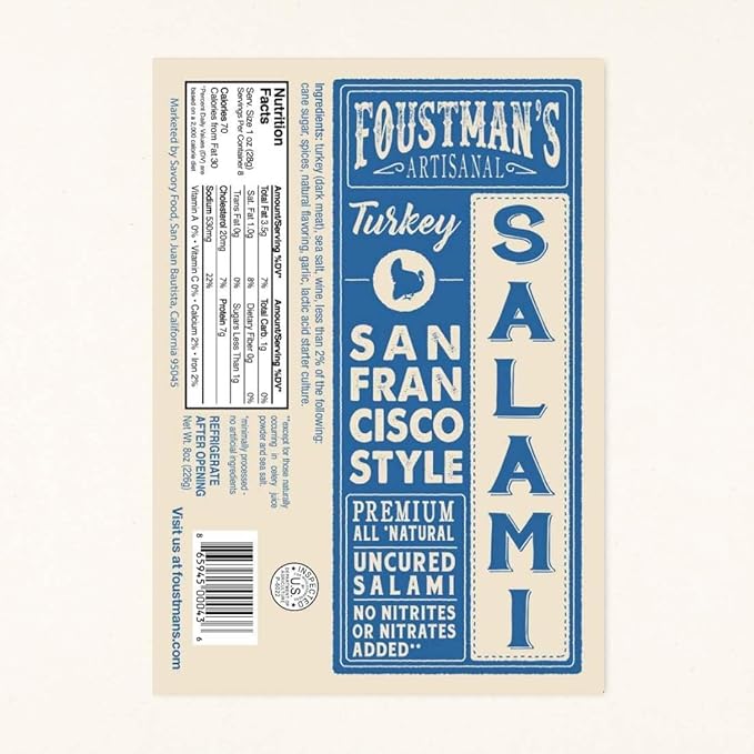 Foustman's Salami Turkey San Francisco Style Artisanal, Nitrate-Free, Naturally Cured, Gluten-Free, Dairy-Free, No Pork, Turkey Deli Meat, 7 Oz Sticks