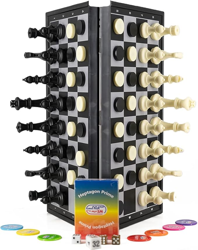 WEofferwhatYOUwant 4-in-1 Magnetic Chess Set – Chess, Checkers, Backgammon & Bonus Strategy Card Game – 14.2” Folding Board
