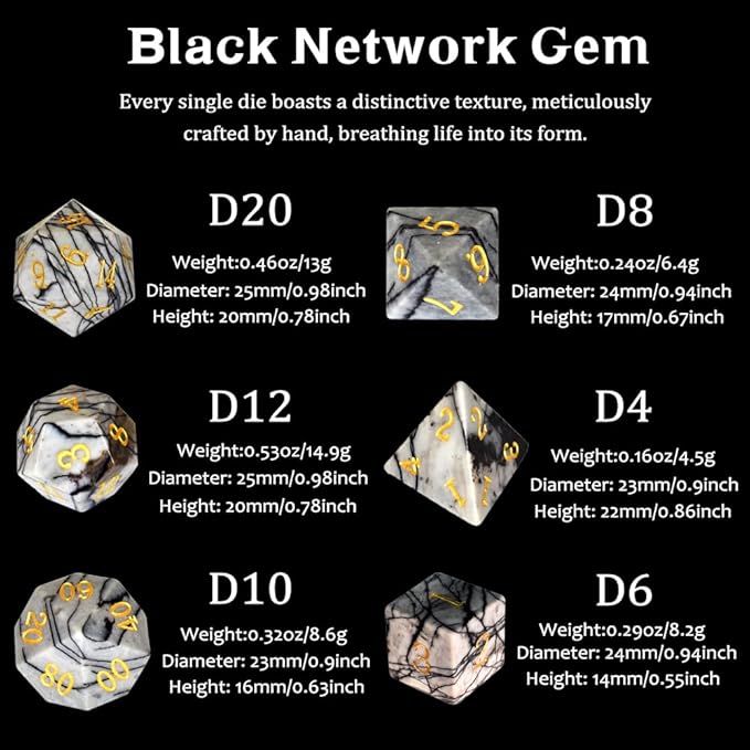 Real Gemstone DND Dice Sets, Handmade Black Network Stone D&D Board Game Dice,RPG Dice Set