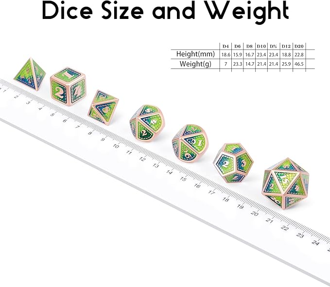 Metal DND Dice Set with Gift Metal Case DNDND 7 PCS Metallic Dungeons and Dragons Die for DND Game (Blue & Green with Matt Copper Edge)
