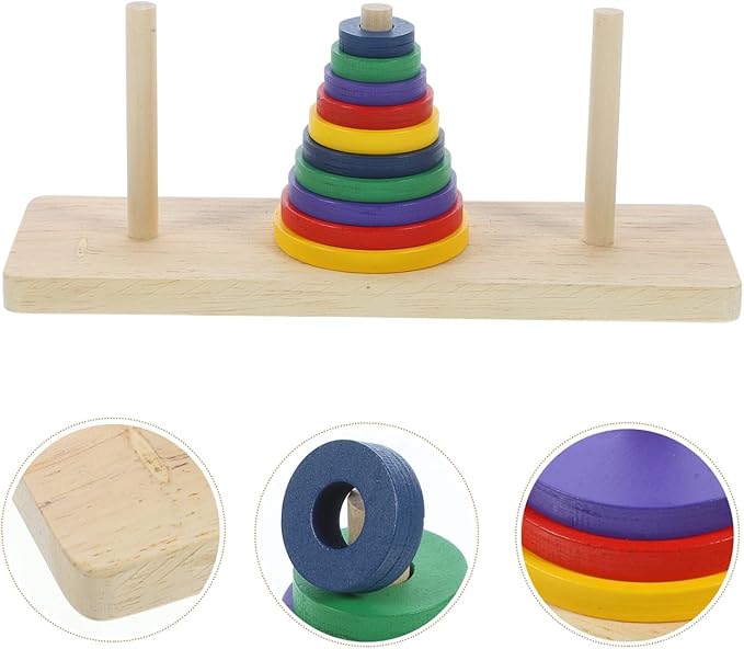 Colorful Wooden Tower of Hanoi Puzzle Game for Adults - Intellectual Brain Teaser, Home Decor, DIY Party Playing, 7.48 X 2.36 X 2.87 Inches
