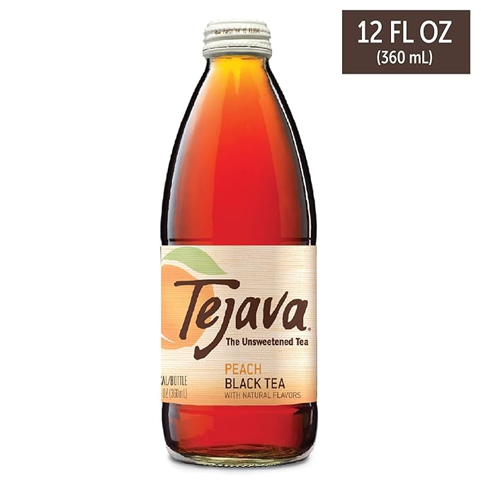 Tejava Peach Black Iced Tea, 24 Pack, 12oz Glass Bottles, Unsweetened, Non-GMO, Kosher, No Sugar or Sweeteners, No calories, No Preservatives, Brewed in Small Batches