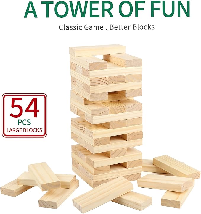 Tumble Tower Set, 54PCS Large Timber Game with Storage Bag, Wooden Stacking Games for Kids Adults and Family, Outdoor and Indoor Play