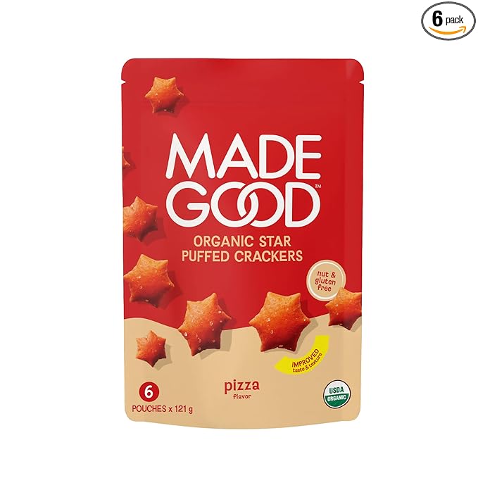 MadeGood Star Puffed Crackers, Pizza, 6 Bags (4.26oz Each) Gluten Free and Organic, Healthy Snacks