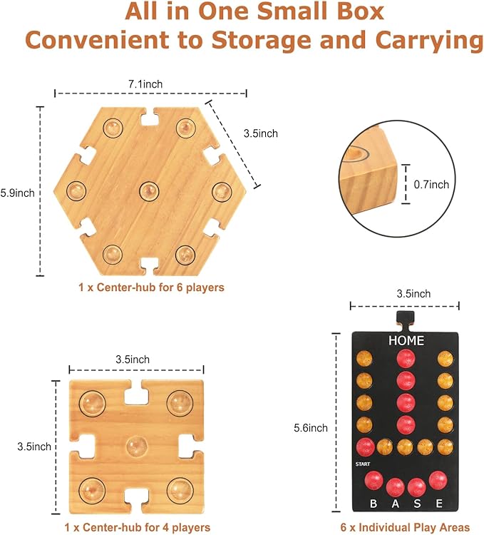 Marble Board Game, Wooden Board Game for 4 and 6 Players, Portable Original Marble Game with 24 Marbles 12 Dice for Family Friends Party Game Night Black