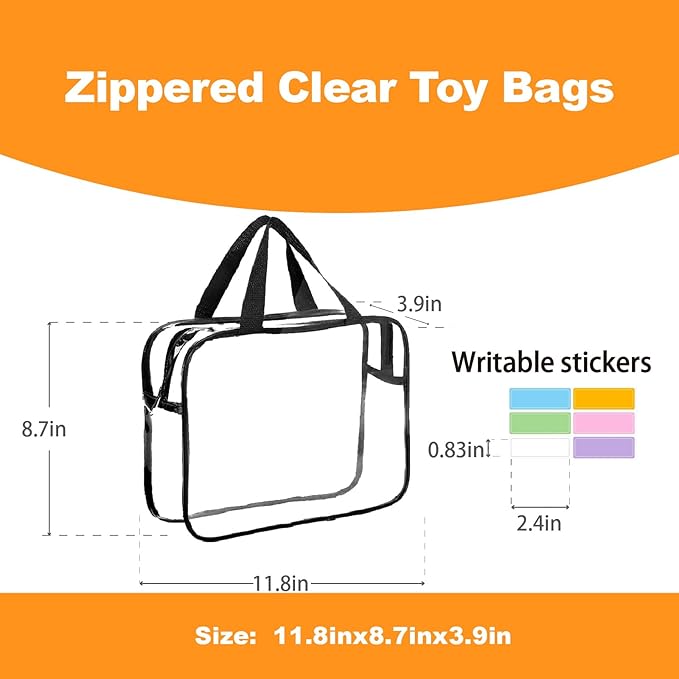 Clear Storage Bag with Zipper - Organizing Bags for Home Travel with Handles - for Building Blocks, Puzzle, Book, Board Game(Black, 6 Packs)