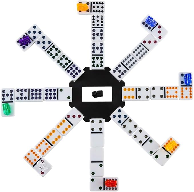 Double 12 Colored Dot Dominoes Mexican Train Game Set, 91 Tiles Dot Dominoes with 9 Trains, Scoreboard, Octagon Shape Hub and Aluminum Case