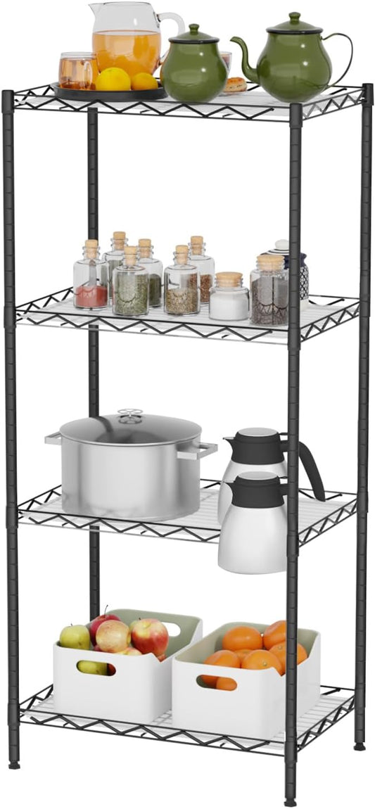 4-Tier Wire Shelving Unit 600 lbs Weight Capacity Storage Shelves Metal Frame Garage Shelves Easy Installation Metal Shelves for Home Kitchen Garage Pantry, 12" Dx18 Wx44 H, Black