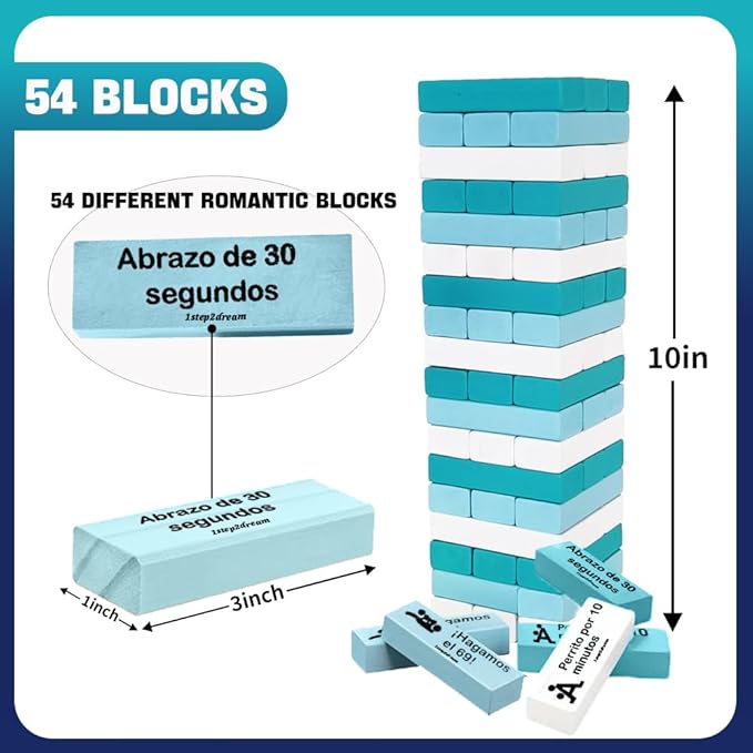 1step2dream Spanish Couple Game Adult Block Game, Flirty Stacking Blocks for Date Night, Hot and Naughty Tasks, Romantic Wooden Game