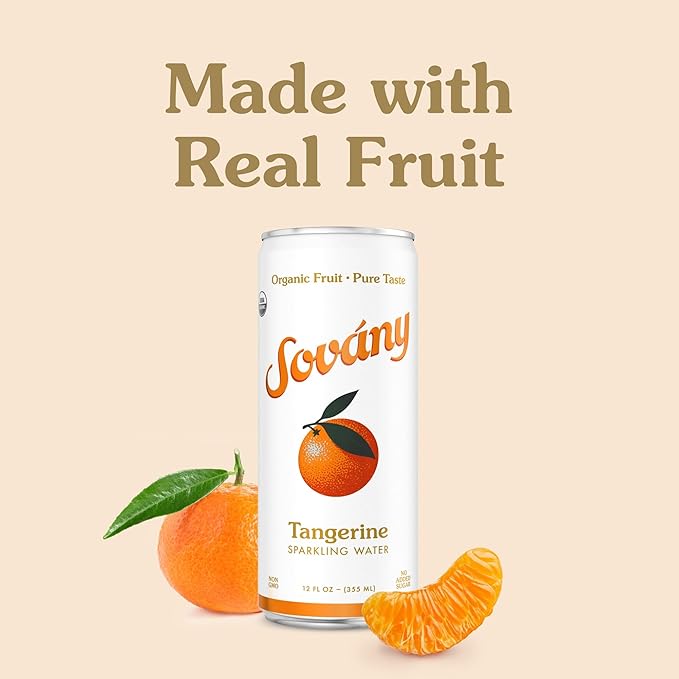 Sovány Sparkling Water, Tangerine, Seltzer Water Drinks, USDA Organic, Made With Real Fruit, Non-GMO, Vegan, No Added Sugar, Low Calorie, 12 fl oz, 12 Pack