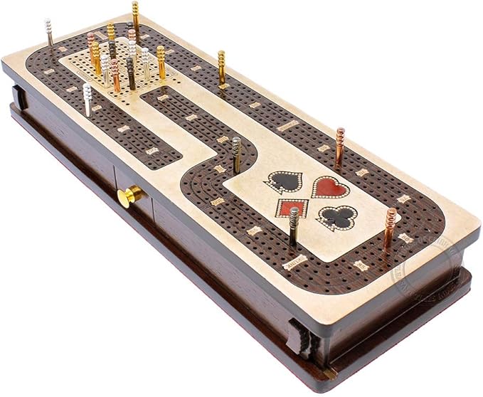 Continuous Cribbage Board/Box Inlaid in Maple/Wenge Wood: 4 Track - Cards and Pegs Storage Drawer with Score Marking Fields for Skunks, Corners and Won Games
