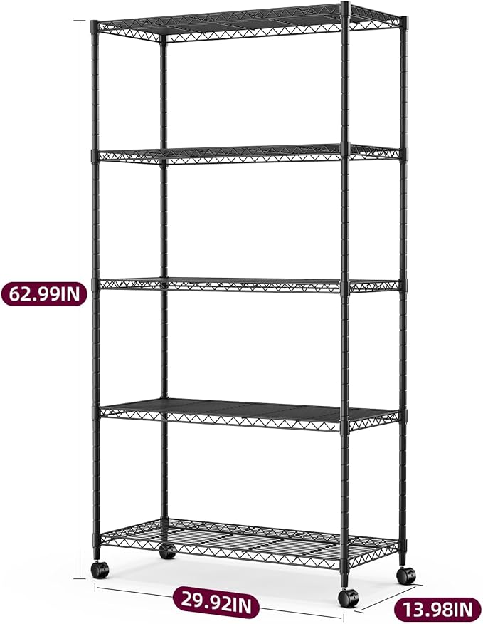 YSSOA Heavy Duty 5-Shelf Storage Shelving Unit, 1250lbs Loading Capacity, 29.92" D x 13.98" W x 62.99" H Adjustable Steel Organizer Wire Rack, Black
