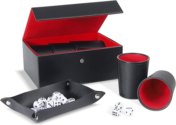 Leather Dice Cup Set, 6 Dice Cups+30 Dice+1 Folding Tray Exclusive Storage and Transport Case Made of Faux (Black Red)