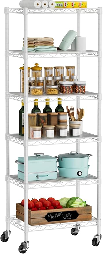 Small 6 Tier Shelves Storage Wire Shelving Unit Metal Shelf Adjustable Organizers Storage Shelving with Wheels for Bathroom Laundry Room Kitchen Pantry12โD x 18โW x 61.6โH White