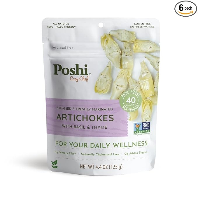 POSHI Marinated Artichoke Hearts with Basil + Thyme Natural, Keto, Vegan, Non GMO, Low Carb + Calorie, Gluten Free Ready to Eat Fully Cooked Vegetables, Pentry Food, Gourmet, Healthy 6 Pack, 4.4 oz