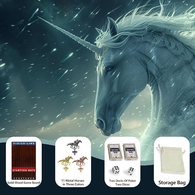 Horse Race Board Game with 11 Luxurious Durable Classic Metal Horses with 4 Dice and 2 Boxes of Cards Thickened Solid Wood Horse Racing Dice Game (Walnut Color,Rectangle)