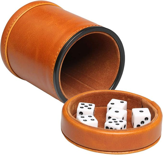 Leatherette Dice Cup with Lid includes 6 Dices, Velvet Interior Quiet in shaking for Liars Dice Farkle Yahtzee Board Games, Brown