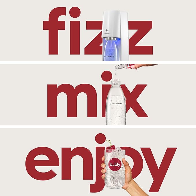 SodaStream E-TERRA Sparkling Water Maker Bundle (White), with CO2, Carbonating Bottles, and bubly Drops Flavors