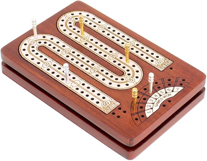2 Track - Wooden Travel - Pocket Size Cribbage Board - Size: 4.75 Inch - Storage Space for Cribbage Pegs - Score Marking Fields for Won Games - 60 Points - Non Continuous