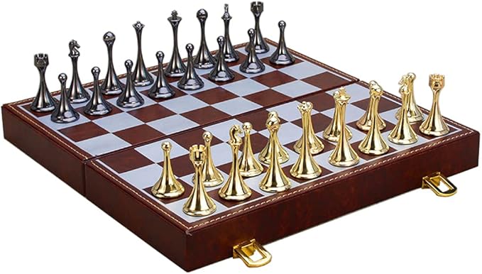Chess Set, Magnetic Travel Chess Set, Large Metal Deluxe Chess Retro Alloy Adult Board Game Portable Wooden Box Storage Folding Chess Set,E