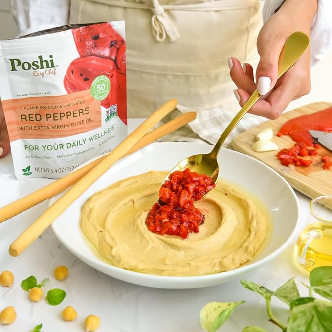 POSHI Flame Roasted Red Peppers in Extra Virgin Olive Oil Natural, Keto, Vegan, Non GMO, Low Carb + Calorie, Gluten Free, Ready to Eat, Fully Cooked Vegetables, Pentry Food, Gourmet, 6 Pack, 5.4 oz