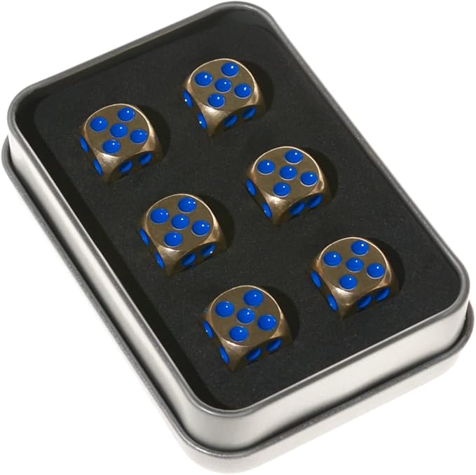 6 Sided Metal Brass Dice with Blue Pips, Tables Board Game Dice, 6pcs Solid Gift Brass Dice, Tabletop Games Set for Poker Party Playing Games