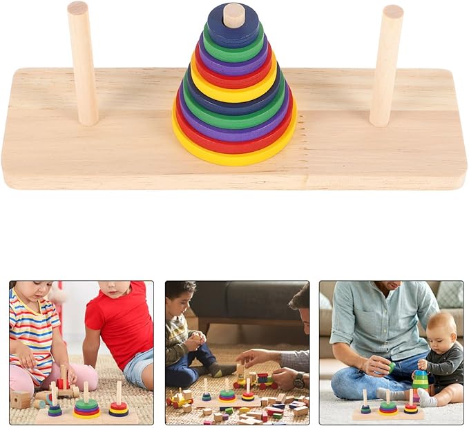 2 Pcs Wooden Tower of Hanoi Puzzle Game, Multi-Color Logic Toy for Adults and Kids, 7.48x3.54x4.72 Inch, Brain Teaser for Home Decor and Party Fun