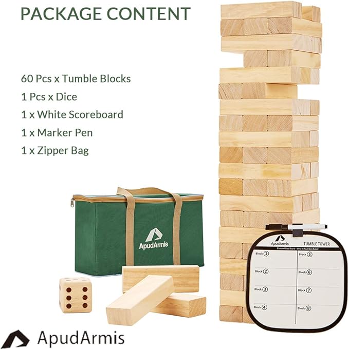 ApudArmis 60 PCS Giant Tumble Tower, (Stack up to 5Ft) Pine Wooden Stacking Timber Game with 1 Dice Set - Classic Block Giant Outdoor Game for Teens Adults Family