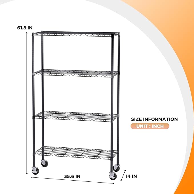 FDW 4-Tier Wire Shelving Unit Adjustable Garage Shelving 1400 lbs Weight Capacity Storage Shelves with Wheels for Home Kitchen Garage Commercial, 14" Dx36 Wx62 H, Black