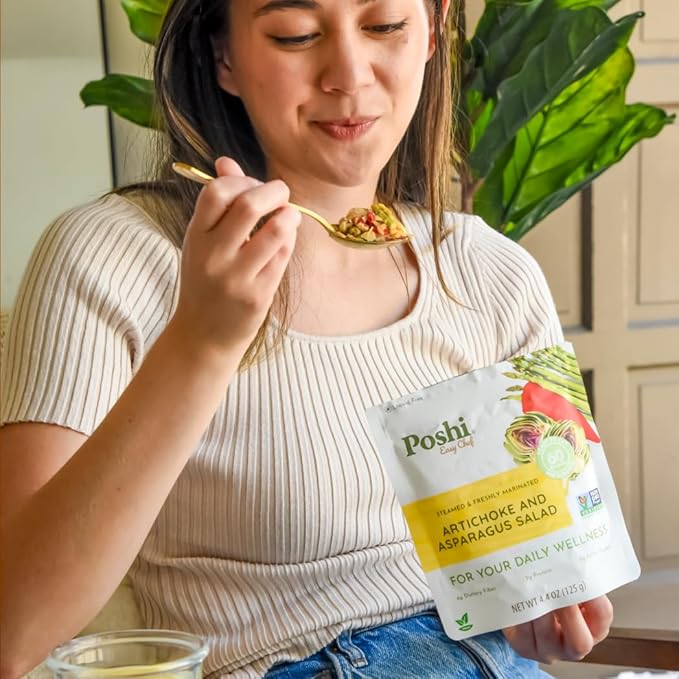 POSHI Artichoke & Asparagus Salad Natural, Keto, Vegan, Non GMO, Low Carb + Calorie, Gluten Free, Ready to Eat, Fully Cooked Vegetables, Pentry Food, Gourmet, Healthy, Travel Food, 6 Pack, 4.4 oz
