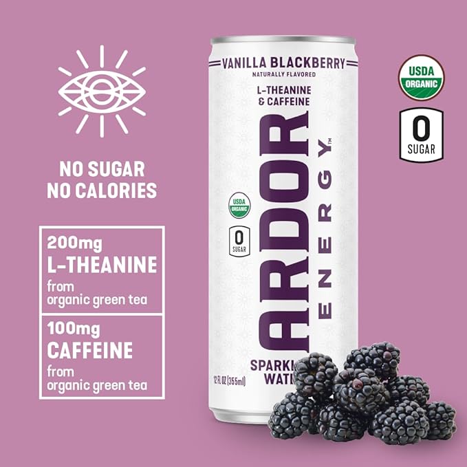 ARDOR ENERGY Sparkling Water with 100mg Natural Caffeine & 200mg L-Theanine from Organic Green Tea for Smooth Energy & Focus | Healthy Energy Drink | No Sugar, Zero Calories, Vegan, Gluten-Free | Vanilla Blackberry (Pack of 12, 12oz cans)