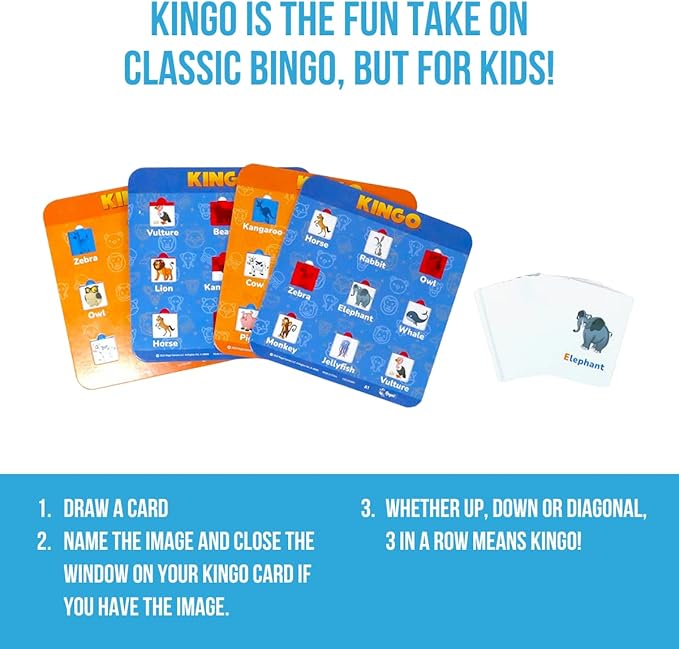 Regal Games Kingo Animals Edition Bingo Set - Fun Educational Word Games for Preschool & Kindergarten Kids - Learning Games for Family & Classroom - Vocabulary Builder, Phonics & Sight Word Games