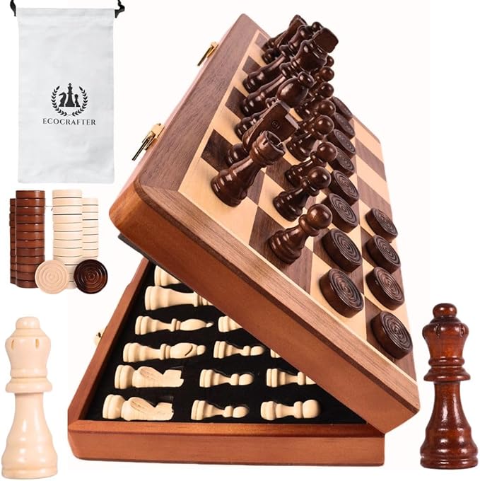 15'' 2 in 1 Wooden Magnetic chess and checkers set (2 Extra Queens, Foldable Chess set & Cotton Storage Bag) Magnetic Chess Sets for Adults with Color Gift Box, Handmade Checkers Board Game