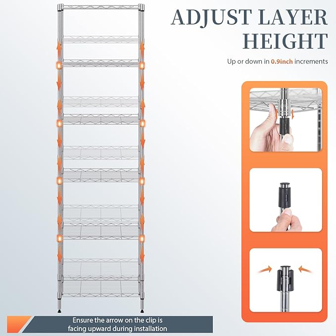 BestOffice 6-Shelf Storage Shelves, Adjustable Shelving Unit Wire Shelving Metal Shelves,11.8" D x 16.7" W x 63.6" H,Chrome