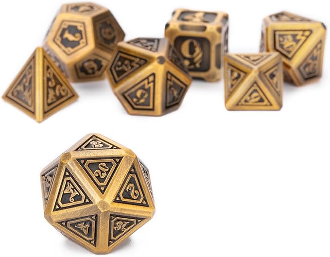 Retro Fantasy Metal Style 7pcs DND Dice Set with Beautiful Gift Box for Dungeons and Dragons MTR PRG Tabletop Games (Brass)
