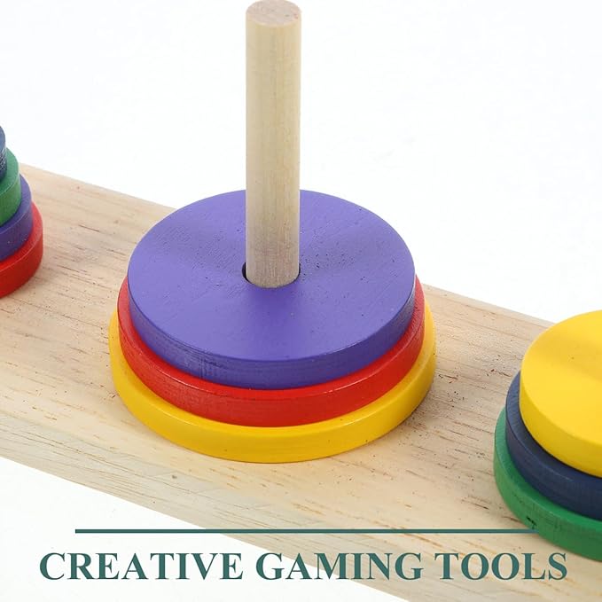 Colorful Wooden Tower of Hanoi Puzzle Game for Adults - Intellectual Brain Teaser, Home Decor, DIY Party Playing, 7.48 X 2.36 X 2.87 Inches