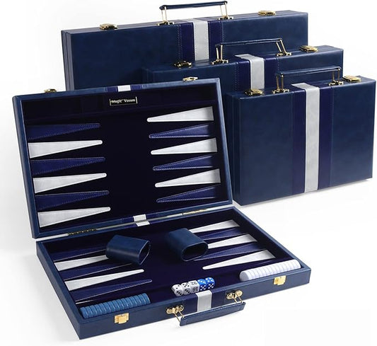 Travel Large 18 Inch Backgammon Blue Sets Classic Board Game with Premium Leather Case, Portable Travels Strategy Backgammon Game Set for Adults, Kids (Blue, Large)