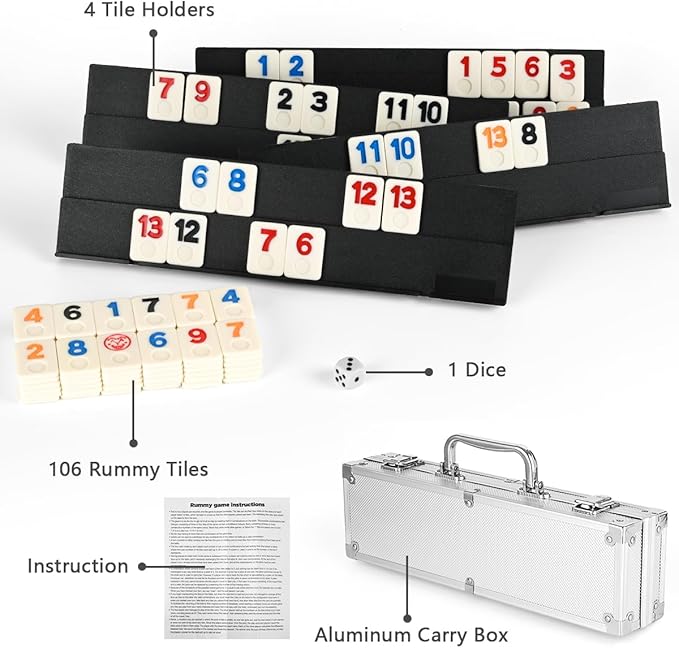 106 Rummy Cube Game with Aluminum Case, Rummy Tiles Sets with 4 Anti-Skid Sturdy Trays for Family Travel, 2-4 Palyers