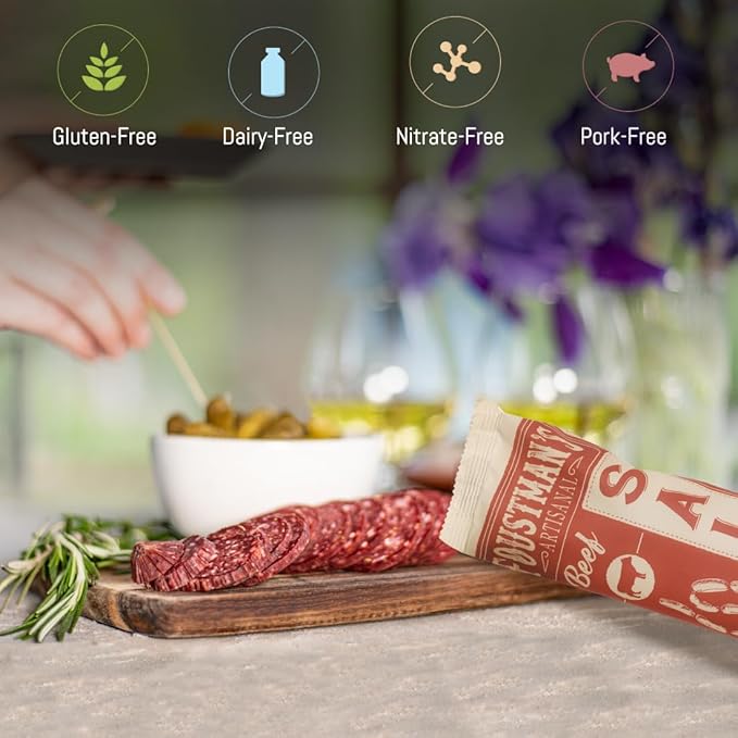 Foustman's Salami Beef Salami, Artisanal Beef Salami, Authentic Flavor for Versatile Snacking and Keto Diets, Gluten-Free, Dairy-Free, Nitrate-Free, Pack of 3, 8 Oz Sticks Each