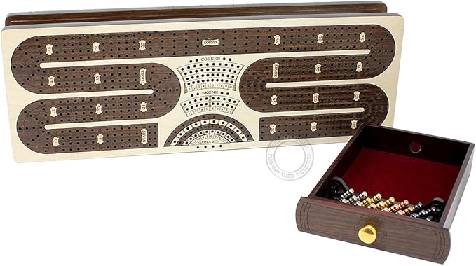 Continuous Cribbage Board/Box Inlaid in Maple/Rosewood : 4 Track - Storage Drawer for Pegs & Playing Cards - Score Marking Fields for Skunks, Corners and Won Games