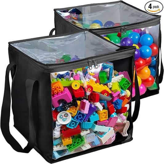 2 Piece Extra Large Toy Storage Clear Bags with Zipper 14"x14"x14" Clear Plastic Bins with Handle, Toy Organizer for Kids playroom, Blocks, Clothes, Stuffed Animal Storage