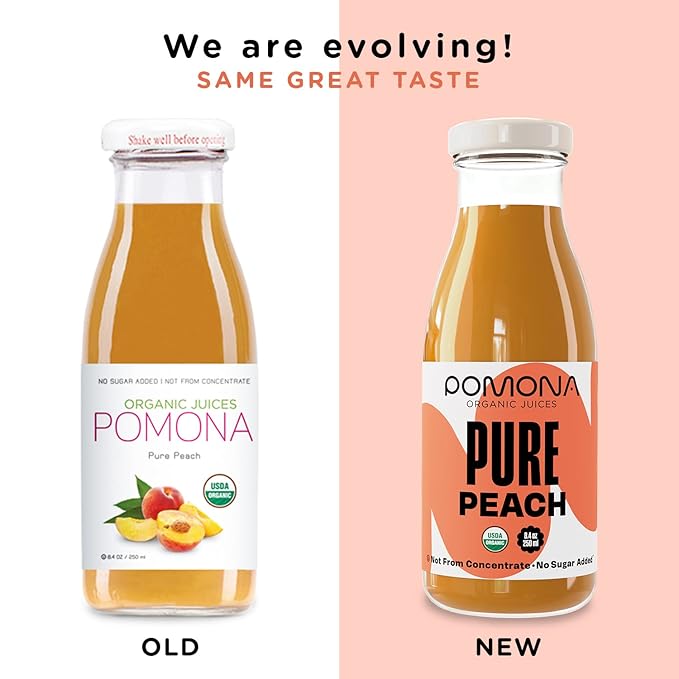 Pomona Organic Peach Juice (Pack of 12), Cold Pressed USDA Organic Juices, 100% Peaches, No Added Sugar, Not From Concentrate, Vegan, Kosher, Non GMO, Pasteurized, 8.4 oz Glass Bottles