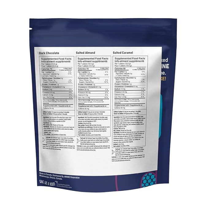 AWAKE - Caffeinated Chocolate Bites - USA Variety Pack (3 Flavors) 50 Bites - Peanut Butter, Milk Chocolate, & Caramel - 50mg Caffeine - Coffee Alternative - Fairtrade - Gluten-Free - Non GMO - 0.48oz