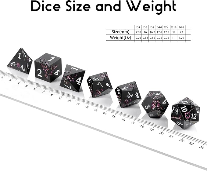Glitter Purple Metal D&D Dice, DNDND 7 PCS Flower Metallic DND Dice Set with Gorgeous Gift Case for Dungeons and Dragon Tabletop Game (Matte Black with Glitter Purple Flower)